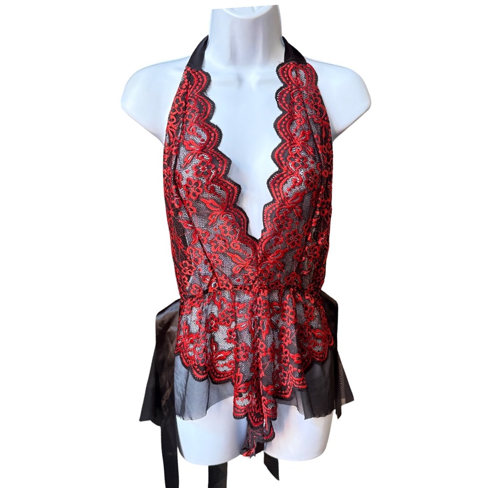 Red Black‎ Floral Lace Halter Bodysuit Sheer Mesh Satin Tie Lingerie Plus 2XL